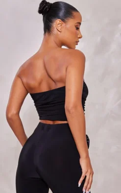 Outlet PrettyLittleThing Rose Applique Slinky Ruched Bandeau Top Black