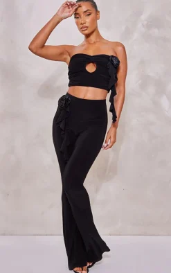 Outlet PrettyLittleThing Rose Applique Slinky Ruched Bandeau Top Black