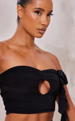 Outlet PrettyLittleThing Rose Applique Slinky Ruched Bandeau Top Black