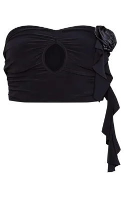 Outlet PrettyLittleThing Rose Applique Slinky Ruched Bandeau Top Black
