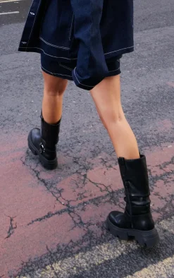 PrettyLittleThing Knee High Boots*Round Toe Buckle Knee High Chunky Boots