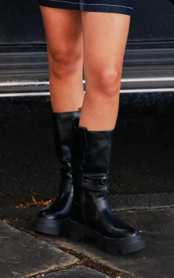 PrettyLittleThing Knee High Boots*Round Toe Buckle Knee High Chunky Boots