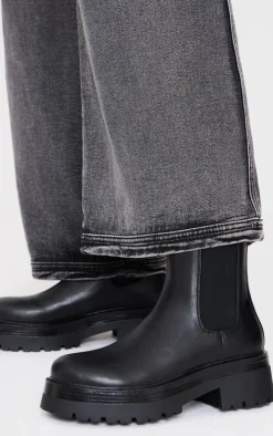PrettyLittleThing Black Boots*Round Toe Chunky Sole Elastic Chelsea Boots