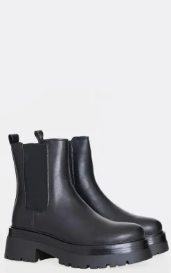 PrettyLittleThing Black Boots*Round Toe Chunky Sole Elastic Chelsea Boots