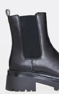 PrettyLittleThing Black Boots*Round Toe Chunky Sole Elastic Chelsea Boots