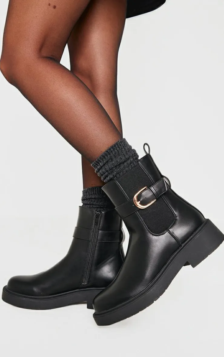 PrettyLittleThing Black Boots*Round Toe Gold Buckle Chelsea Boots