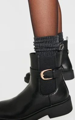 PrettyLittleThing Black Boots*Round Toe Gold Buckle Chelsea Boots