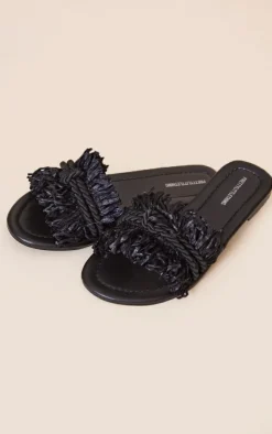 PrettyLittleThing Slides*Round Toe Raffia Fringed Rope Detail Slides
