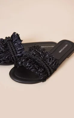 PrettyLittleThing Slides*Round Toe Raffia Fringed Rope Detail Slides