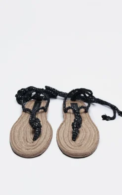 PrettyLittleThing Flat Sandals*Rubber Round Toe Rope Lace Up Thong Toe Flat Sandals