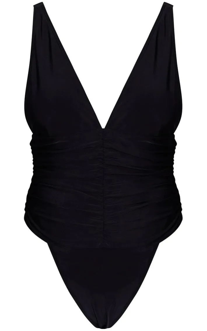 Black Ruched Waist High Leg Plunge Swimsuit