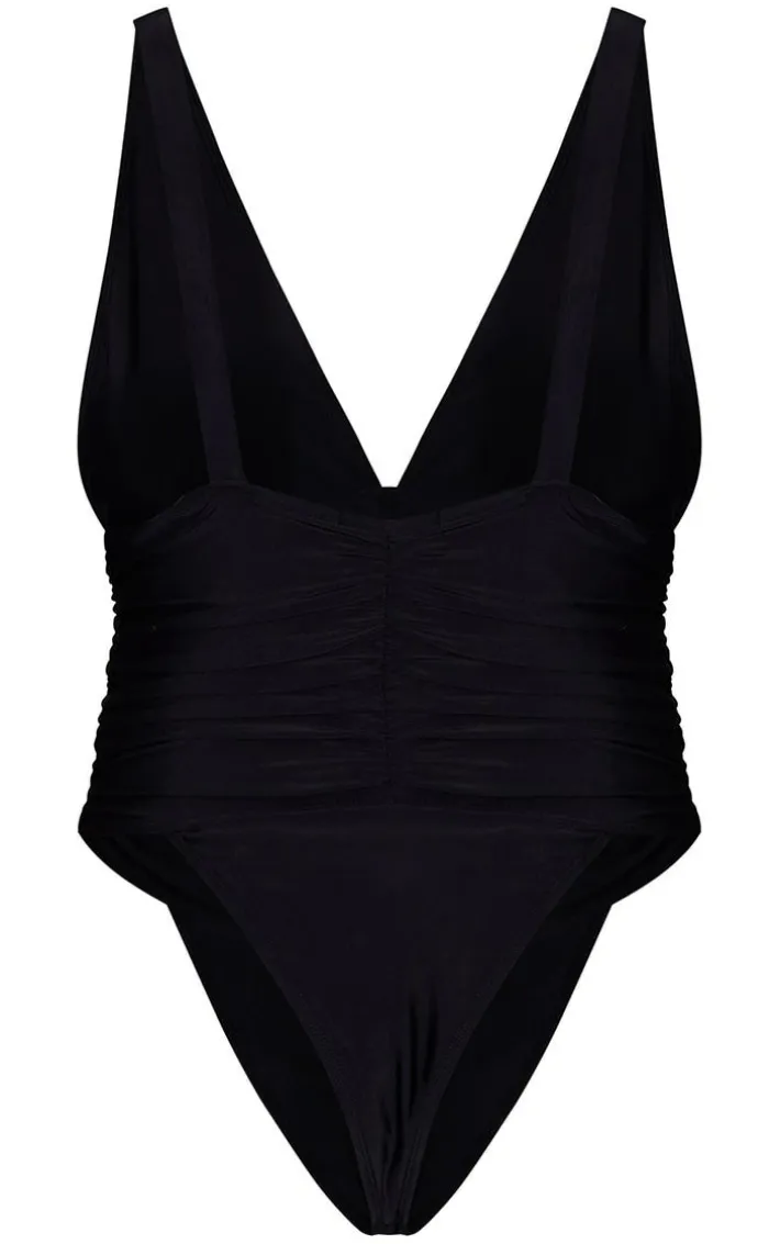 Black Ruched Waist High Leg Plunge Swimsuit