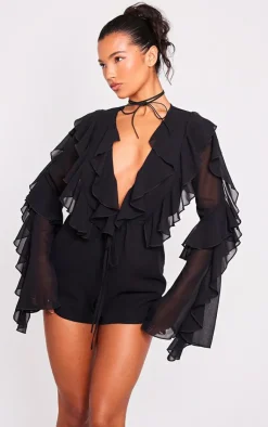 Ruffle Detail Long Sleeve Plunge Romper-PrettyLittleThing Discount