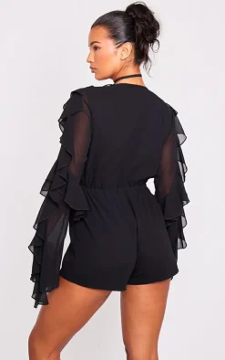 Ruffle Detail Long Sleeve Plunge Romper-PrettyLittleThing Discount