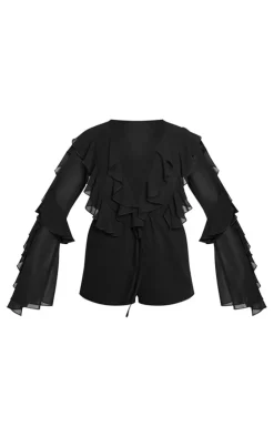 Ruffle Detail Long Sleeve Plunge Romper-PrettyLittleThing Discount