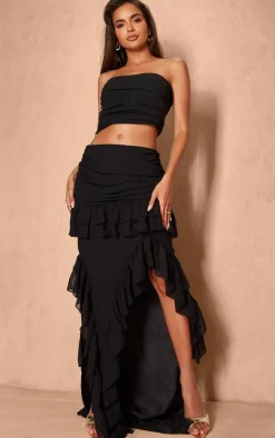 PrettyLittleThing Ruffle Detail Maxi Skirt Black