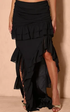 PrettyLittleThing Ruffle Detail Maxi Skirt Black