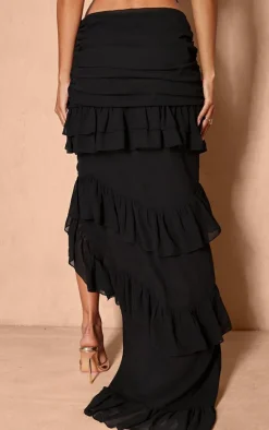 PrettyLittleThing Ruffle Detail Maxi Skirt Black