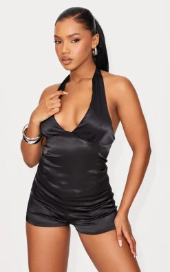Outlet PrettyLittleThing Satin Asymmetric Detail Halterneck Top Black