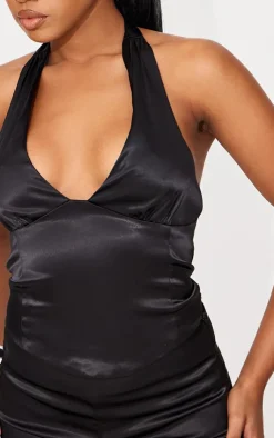 Outlet PrettyLittleThing Satin Asymmetric Detail Halterneck Top Black