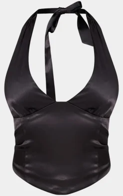 Outlet PrettyLittleThing Satin Asymmetric Detail Halterneck Top Black