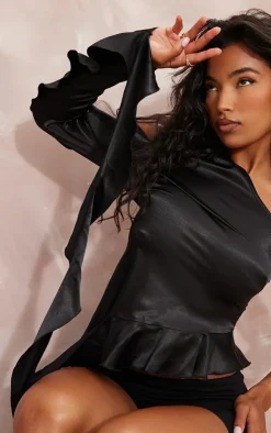 PrettyLittleThing Sleeveless Tops*Satin Asymmetric Extreme Frill Detail Sleeveless Long Top