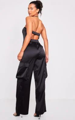 Black Satin Bandeau Cargo Flared Jumpsuit