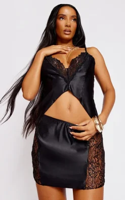 Outlet PrettyLittleThing Satin Contrast Lace Low Rise Micro Mini Skirt Black