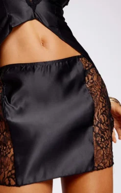 Outlet PrettyLittleThing Satin Contrast Lace Low Rise Micro Mini Skirt Black