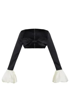 New PrettyLittleThing Satin Contrast Puff Long Sleeve Bralet Black