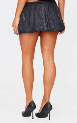 Black Satin Embellished Puffball Mini Skirt