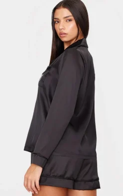 Black Satin Embroidered Bow Short Pj Set