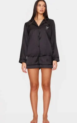 Black Satin Embroidered Bow Short Pj Set