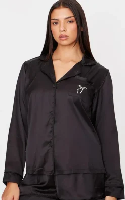 Black Satin Embroidered Bow Short Pj Set