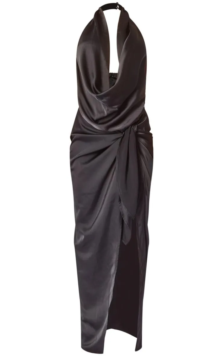 Satin Extreme Cowl Ruched Front Maxi Dress-PrettyLittleThing New