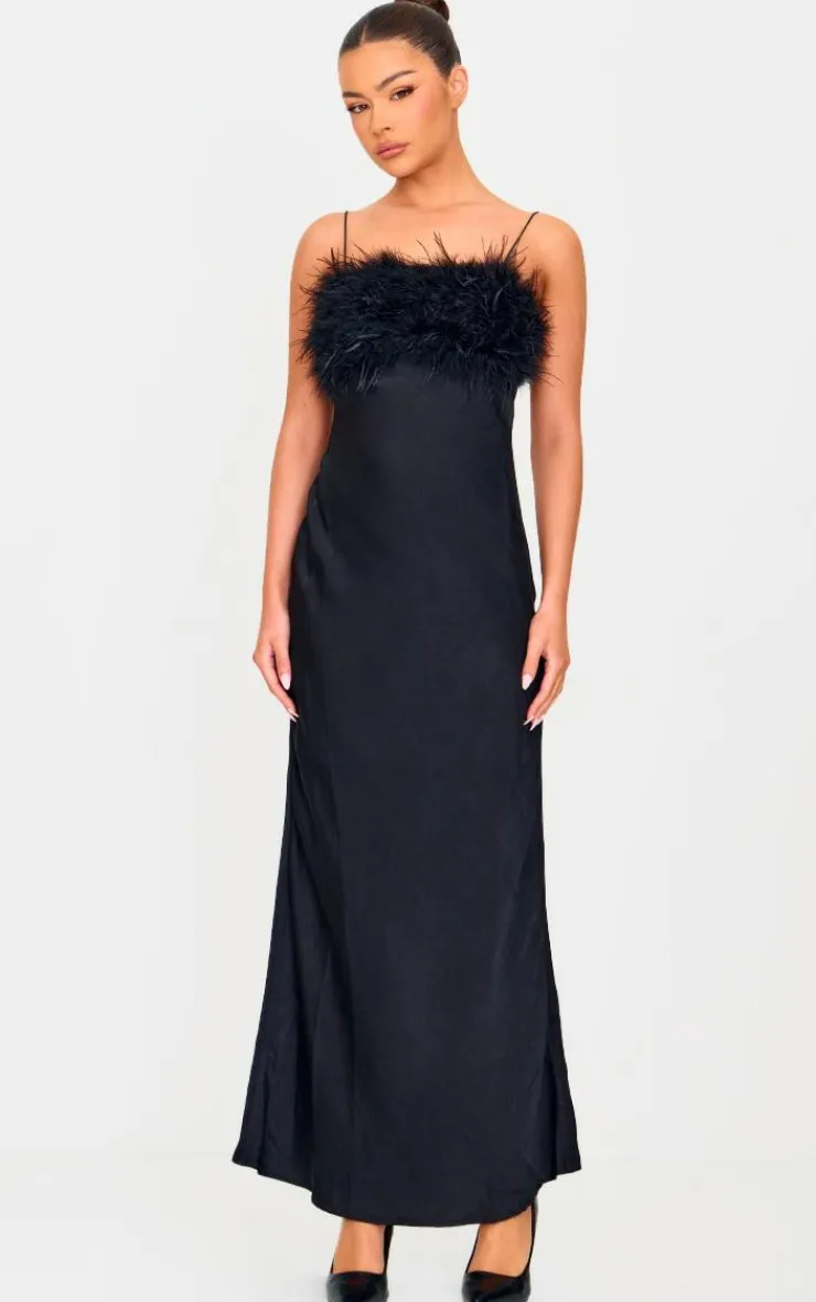 Satin Feather Bust Detail Maxi Dress-PrettyLittleThing Discount