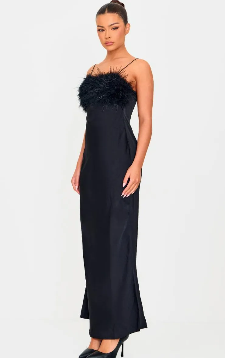 Satin Feather Bust Detail Maxi Dress-PrettyLittleThing Discount