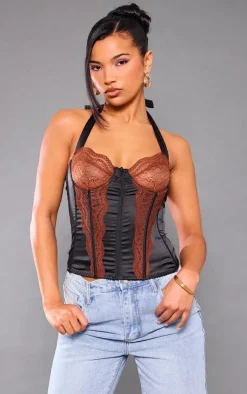 PrettyLittleThing Corsets*Satin Floral Lace Halter Neck Corset