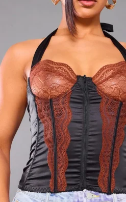PrettyLittleThing Corsets*Satin Floral Lace Halter Neck Corset