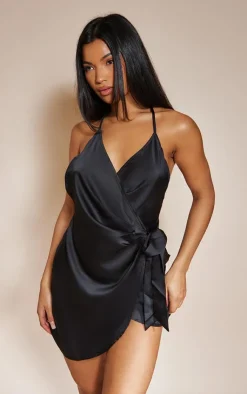 Satin Halterneck Wrap Bodycon Dress-PrettyLittleThing Discount