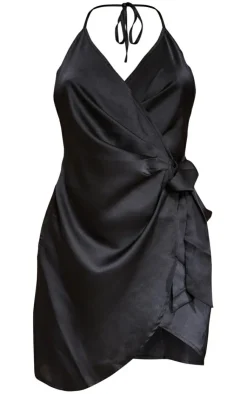 Satin Halterneck Wrap Bodycon Dress-PrettyLittleThing Discount