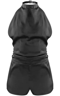 Black Satin High Neck Backless Romper