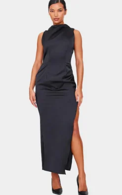 Satin High Neck Ruched Back Detail Midi Dress-PrettyLittleThing