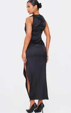 Satin High Neck Ruched Back Detail Midi Dress-PrettyLittleThing