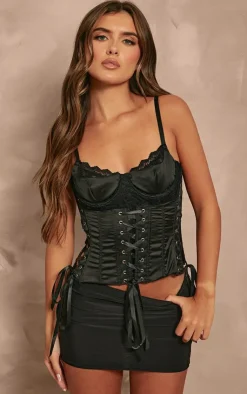 Satin Insert Lace Up Front Corset Top-PrettyLittleThing New