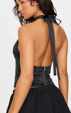 PrettyLittleThing Sleeveless Tops*Satin Low Back Halteneck Long Top