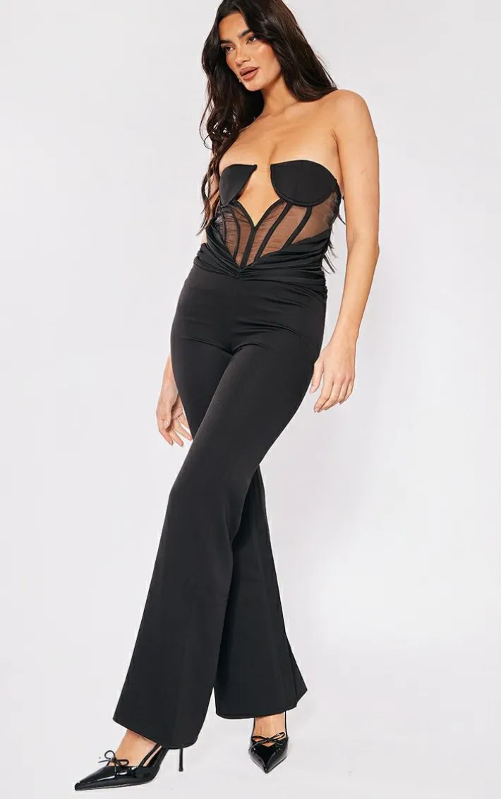 Black Satin Mesh Corset Panel Strapless Jumpsuit