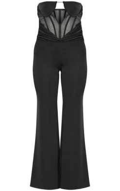 Black Satin Mesh Corset Panel Strapless Jumpsuit