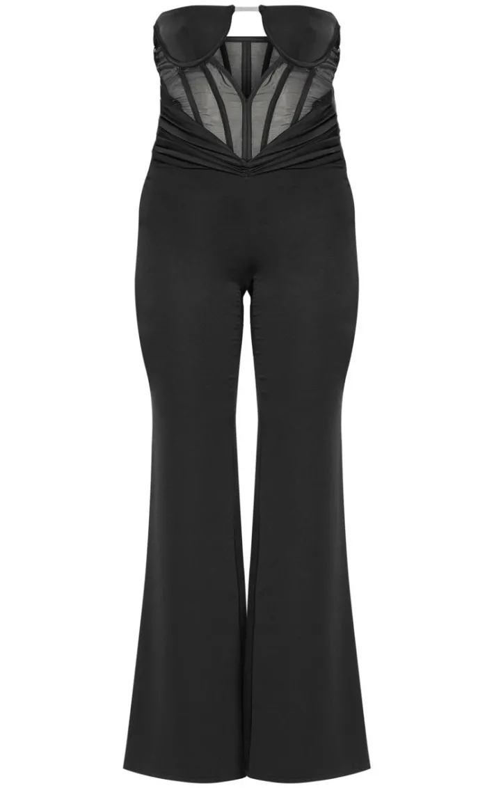 Black Satin Mesh Corset Panel Strapless Jumpsuit