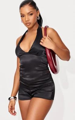 Hot PrettyLittleThing Satin Mid Rise Mini Shorts Black